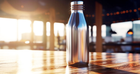 Aluminum bottle water placed on a wooden table in a restaurant or shop,
 Concept: Reduce plastic waste to recycle reusable and ecology nature, stainless glossy metal-containing liquid for sport
