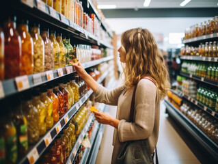 young woman shopping in modern supermarket and looking at prices, household monthly shopping concept - obrazy, fototapety, plakaty