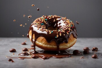 doughnut with splashes of chocolate glaze on a gray background 