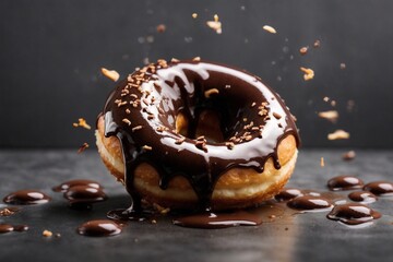 doughnut with splashes of chocolate glaze on a gray background 