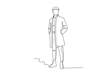 A man wearing a winter coat. Winter outfit one-line drawing