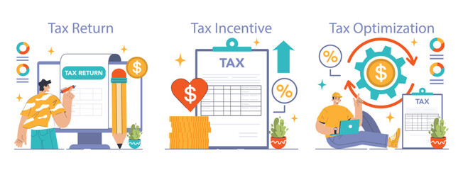 Tax optimization. Financial efficiency, budgeting and economy idea. Taxes planning, declaration preparing and calculation. Flat vector illustration