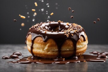 doughnut with splashes of chocolate glaze on a gray background 