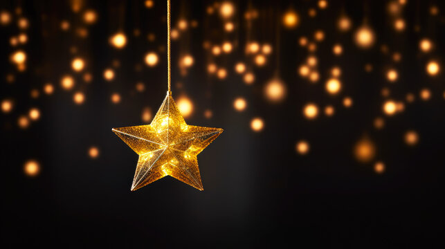 Golden Christmas star on black background with bokeh effect.