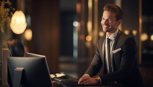 Smiling Male Receptionist In Luxury Elegant Hotel Lobby