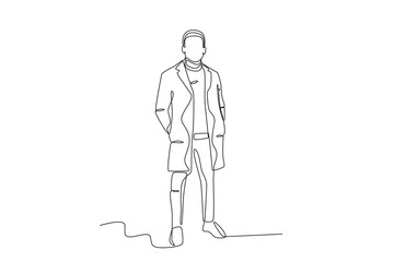 A dashing man wearing winter clothes. Winter outfit one-line drawing