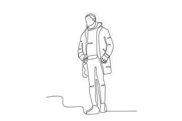 A male model wearing winter clothes. Winter outfit one-line drawing