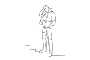 A man standing in winter fashion. Winter outfit one-line drawing