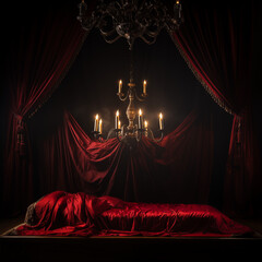 red curtain with a chandelier - generative ai