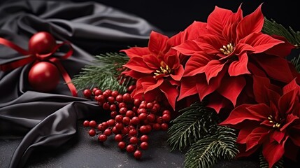 Christmas Poinsettia flower, berries, gift box closeup on a black background with copy space, top view, Merry Christmas and Happy New Year concept.