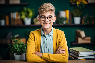 portrait of smiling schoolboy in eyeglasses looking at camera