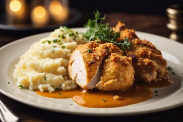 stuffed chicken with mashed potato and sauce