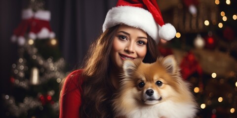 Merry Christmas and Happy New Year - Happy woman in santa hat hugging cute dog at stylish christmas tree. Pet and winter holidays, generative ai