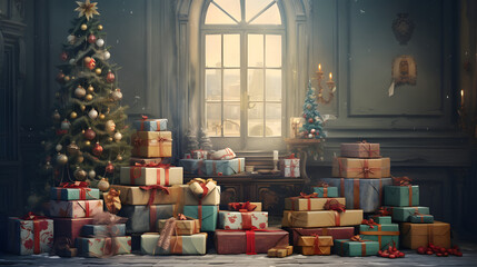 A lot of presents with Christmas tree in the interior near the window, old fashioned