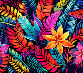 Lush Jungle Abstract: Colorful Leaves and Flowers in Bold Geometric Compositions