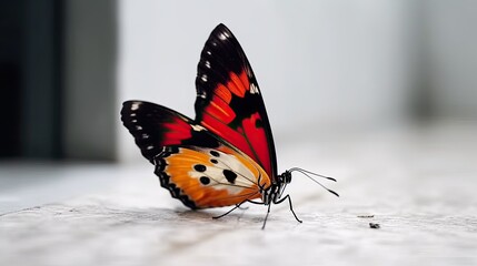 Amazing colorful butterfly sitting on the white wall, blurred background with copy space 