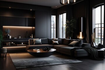 Dark modern stylish apartment interior with lighting, decorative walls, fireplace, dressing area and huge window 