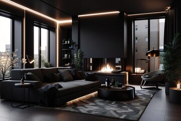 Dark modern stylish apartment interior with lighting, decorative walls, fireplace, dressing area and huge window 