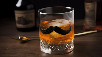 Cocktail Sharpie Mustache, includes: Dry Gin, Amaro, fortified wine (Mistel), fragrant bitter, decorated mustache orange peel. Great idea for Father's Day. 