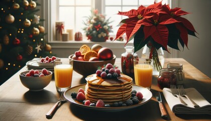 Alluring photograph spotlighting a splendidly arranged Christmas breakfast table. Center stage is a tower of pancakes, lavishly drizzled with maple syrup. - obrazy, fototapety, plakaty