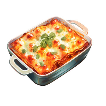 Italian Dish Pasta Casserole Of Lasagna Png Isolated On A Transparent Background, Watercolor Clipart Illustration