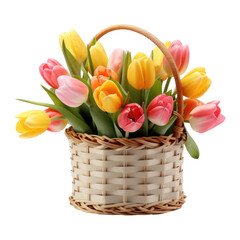 Fototapeta premium Beautiful tulip flowers in a small wicker basket isolated on transparent background, png clip art, floral element.