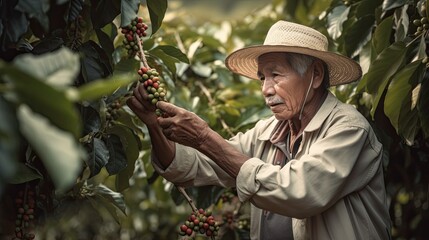 Farmer picking Arabica coffee beans on the coffee tree. 
