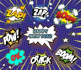 Comics Happy new Year. Vintage, retro style with graffiti elements, collage, cartoon cinema.