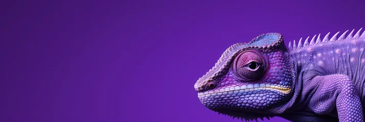 Fotobehang Beautiful violet chameleon on purple background, wide horizontal panoramic banner with copy space, or web site header with empty area for text. © Sunny_nsk