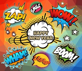 Comics Happy new Year. Vintage, retro style with graffiti elements, collage, cartoon cinema.