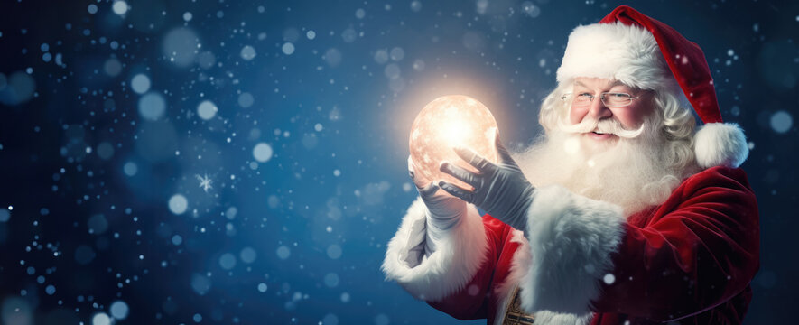 Happy Santa Claus holding glowing christmas ball over defocused blue background, Copy space
