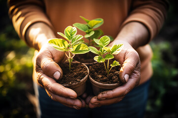 hands holding a young plant and the earth, environmental conservation concept