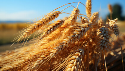 Close-up of sunlit wheat spikes standing tall against a vast golden field under a clear blue sky