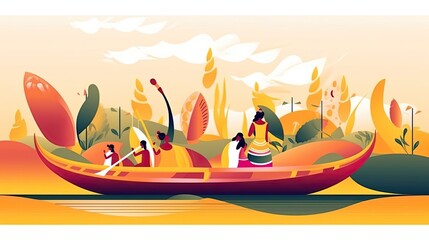 happy Onam celebration with abstract vector illustration design of Kerala boat race with peoples 