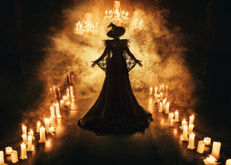 Art photo Fantasy woman witch back rear view walks creates magic in dark gothic room full smoke...