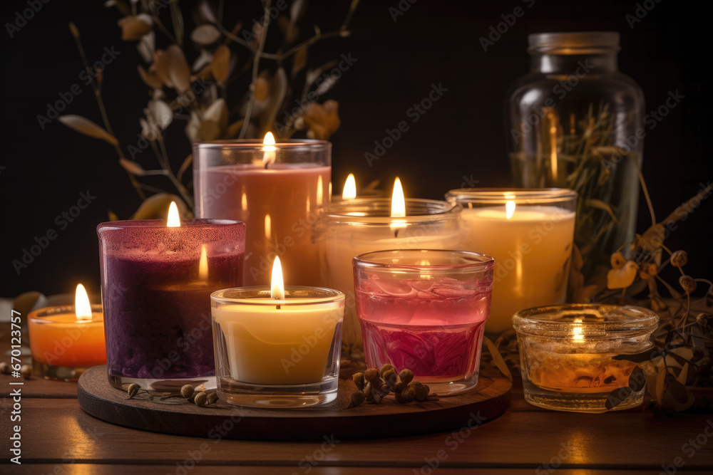 Poster burning candles on the table - generative ai