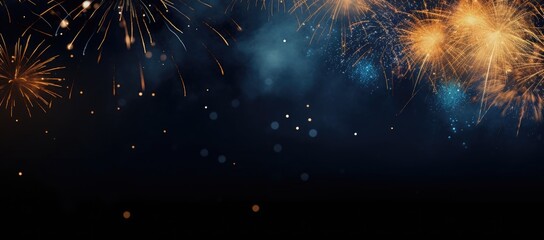Multicolored fireworks on a dark background. Banner for the site. Place for text. Wallpaper for holidays. Festive light - obrazy, fototapety, plakaty