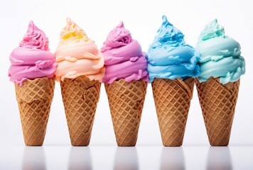Five colorful ice cream cones on a sunny day