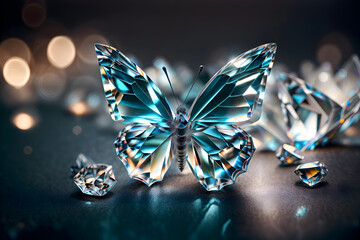 A creative and imaginative rendering of a crystal butterfly, with sparkling wings that seem to be made of shattered glass - obrazy, fototapety, plakaty