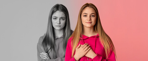 Positive and sad millennial caucasian woman suffer from depression, put hands on heart chest