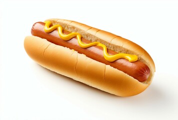 A classic American hot dog with mustard on a fresh bun