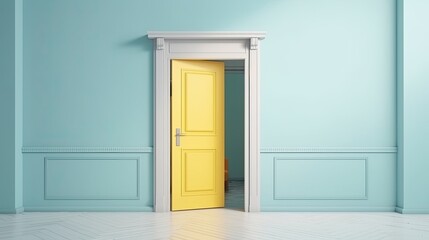 Minimal idea concept space : yellow door in pastel blue room. 