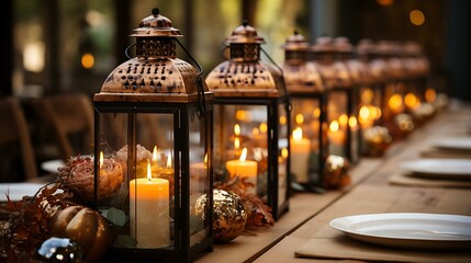 Uma mesa de madeira adornada com decorações no estilo vintage, como lanternas, um trilho de mesa de juta e castiçais de latão envelhecido.