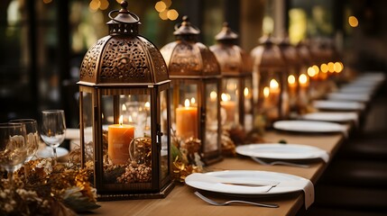 Uma mesa de madeira adornada com decorações no estilo vintage, como lanternas, um trilho de mesa de juta e castiçais de latão envelhecido. - obrazy, fototapety, plakaty