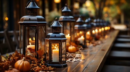 Uma mesa de madeira adornada com decorações no estilo vintage, como lanternas, um trilho de mesa de juta e castiçais de latão envelhecido. - obrazy, fototapety, plakaty