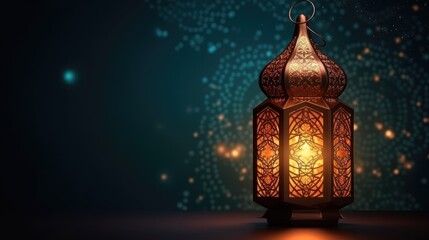 Fototapeta premium Ornamental Arabic lantern with burning candle glowing at night mosque background. Festive greeting card, invitation for Muslim holy month Ramadan Kareem. 