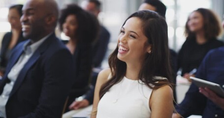 Business seminar, audience and woman laughing at funny project report, presentation speech or corporate training joke. Comedy, tradeshow humour and conference crowd, group or employee at convention