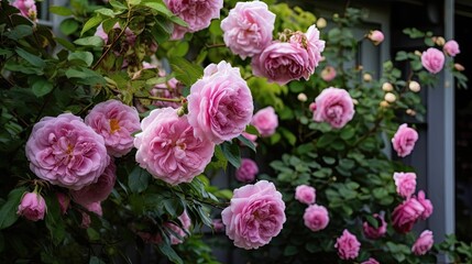 Fototapeta premium Pink Bourbon climbing rose (Rosa) Coupe d'Hebe blooms in a garden in June 