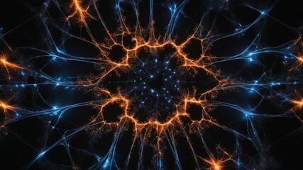 explosion of light and fire A black background with a fractal pattern of electric sparks in blue and orange hues 