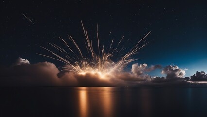 fireworks over the river A bright electric spark on a dark sky with some clouds and stars 